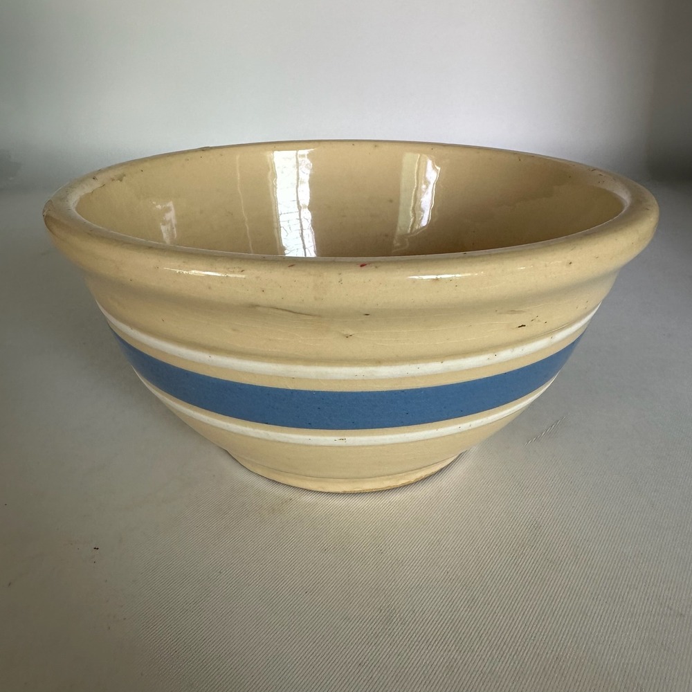 Vintage Watt Pottery #7 Yellow Ware Mixing Bowl- Blue & White Banded Ovenware